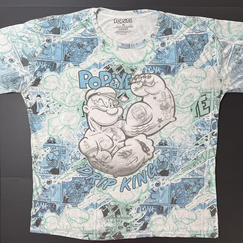 Popeye All Over Print Graphic Tshirt Men's 5XL White Cartoon Comic Anime Tee